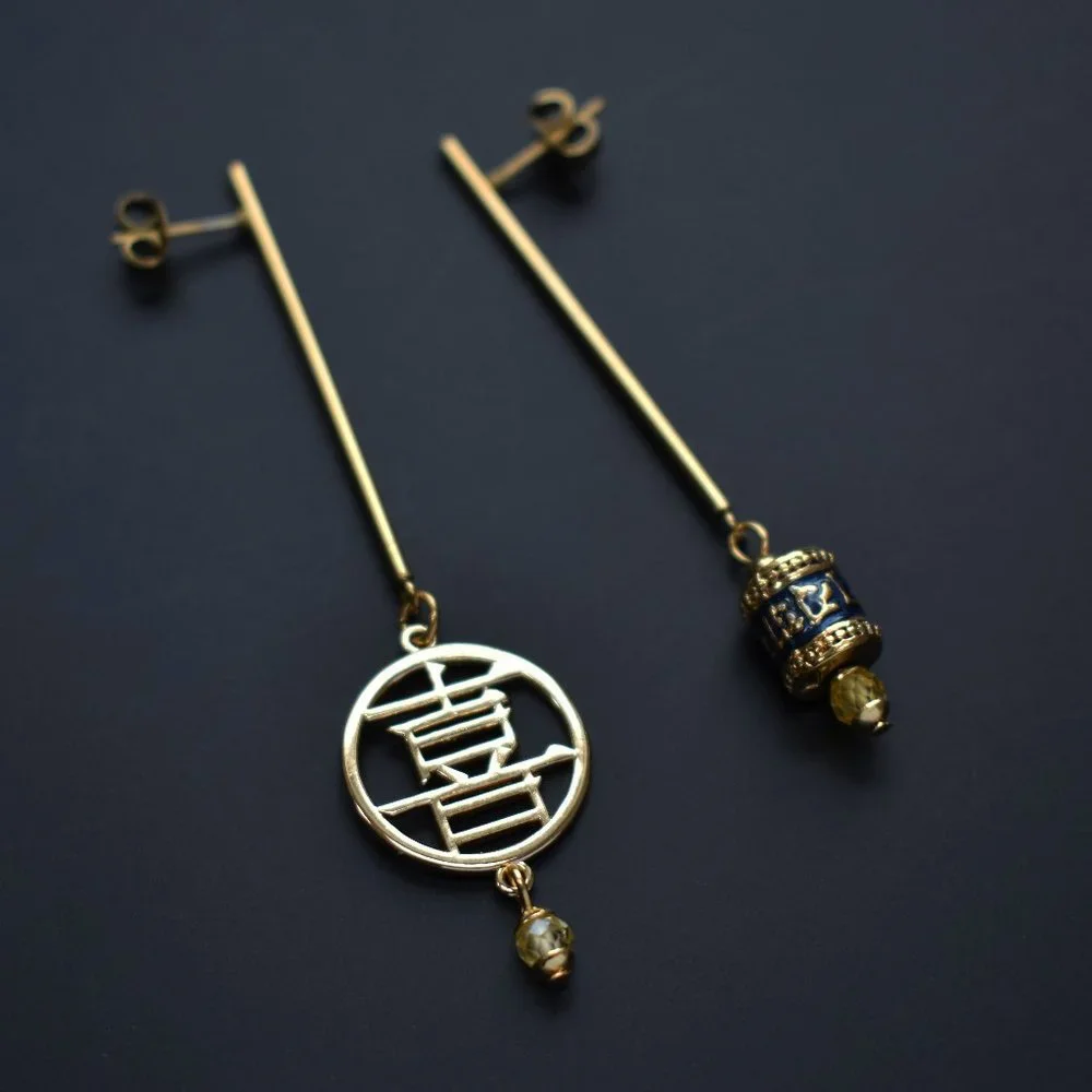 Asymmetrical earrings dangle, long gold citrine drop bar earrings